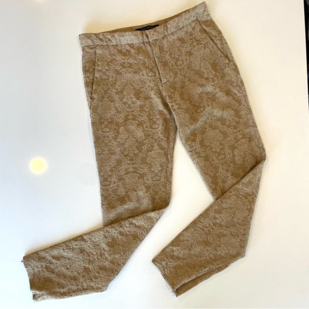 Zara Women's floral brocade trousers in camel with a straight-leg cut Size Small